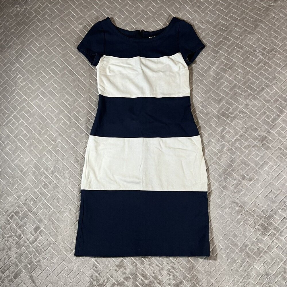 Banana Republic Womens 0 Sheath Dress Navy Blue White Short Sleeve Knee Length